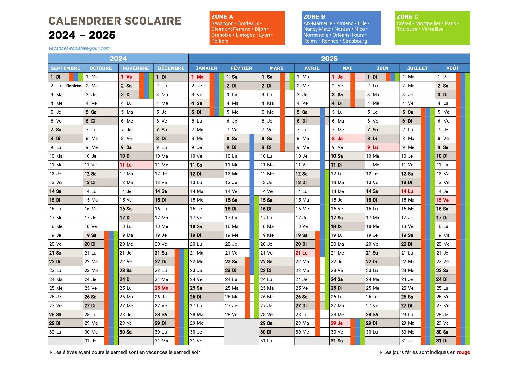 Calendrier scolaire 2024 2025